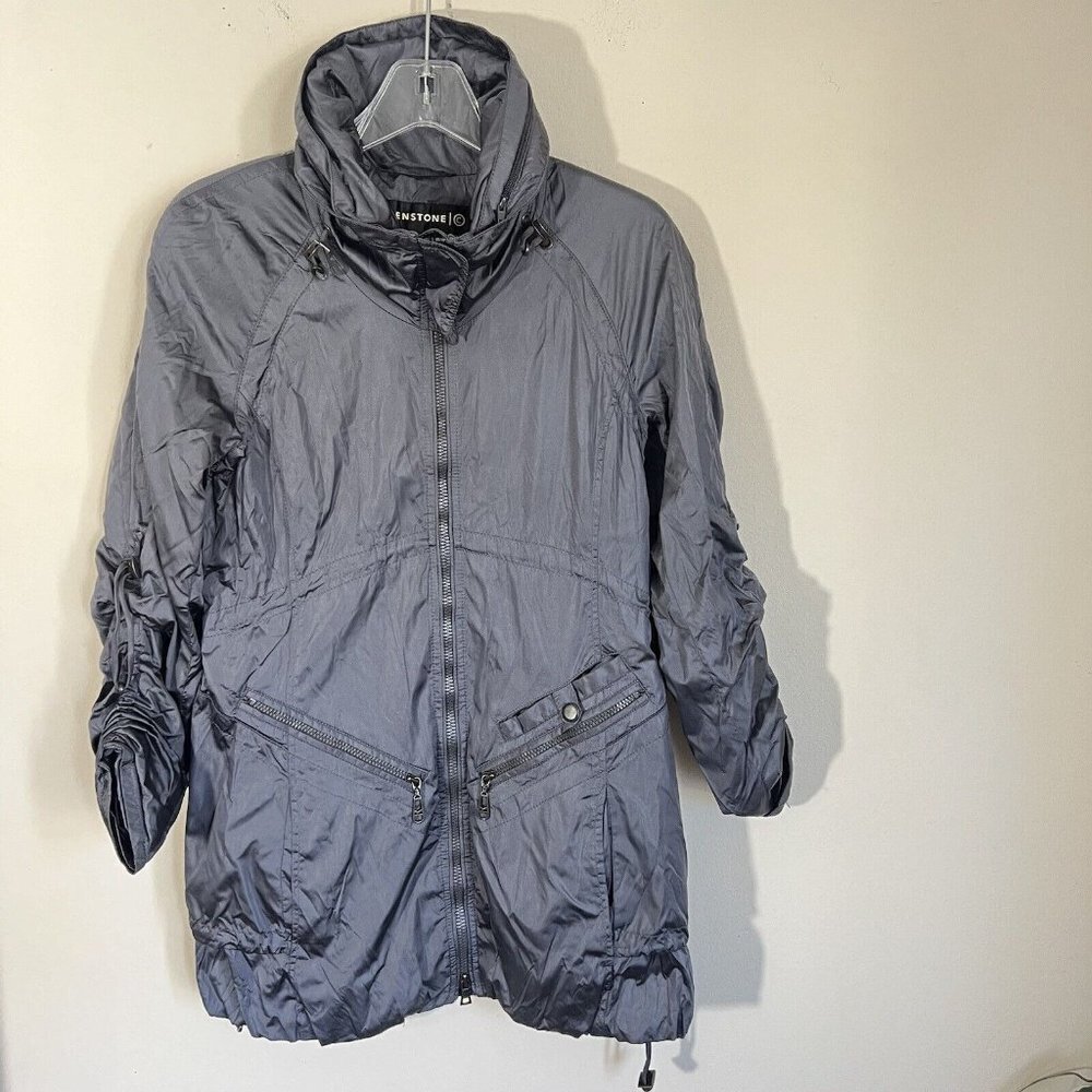 CREENSTONE JACKET COAT Concealed Hood Fitted Gray Padded Zip Pockets 34 Small